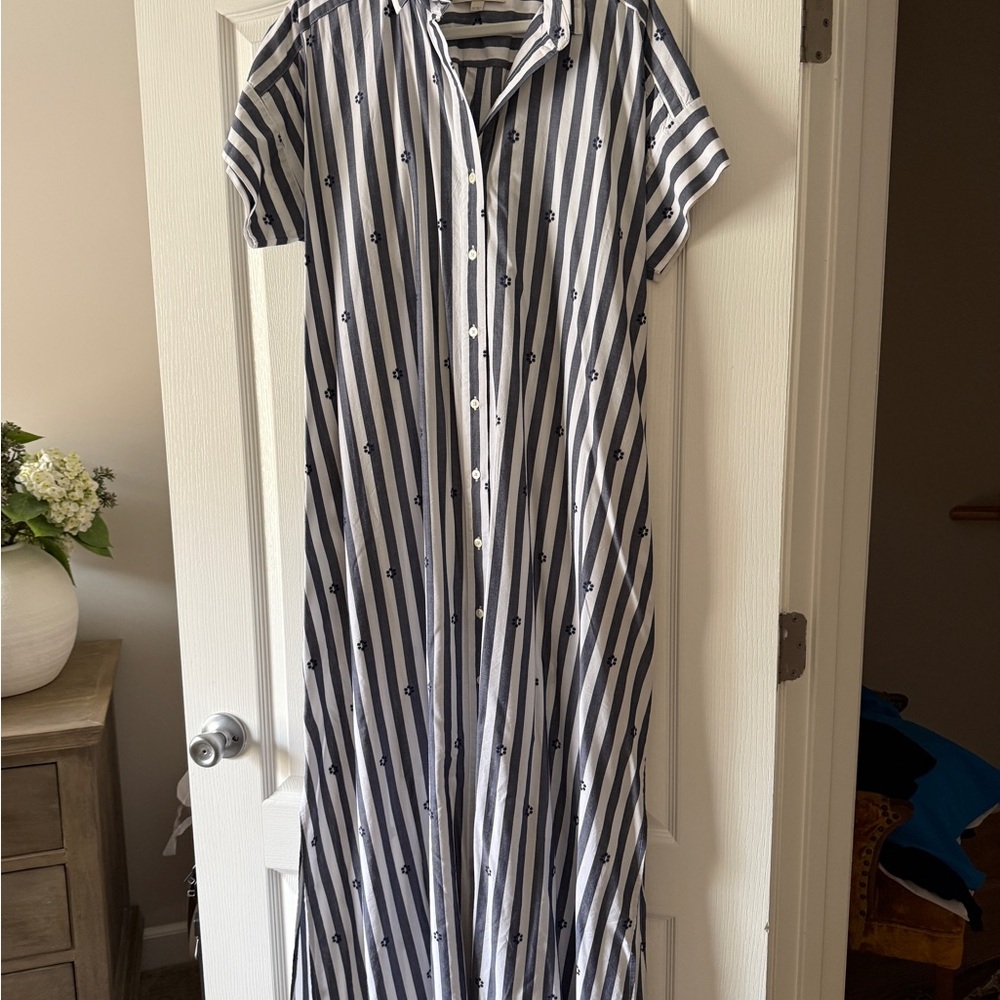 LOFT Navy and White Striped Maxi Shirt Dress